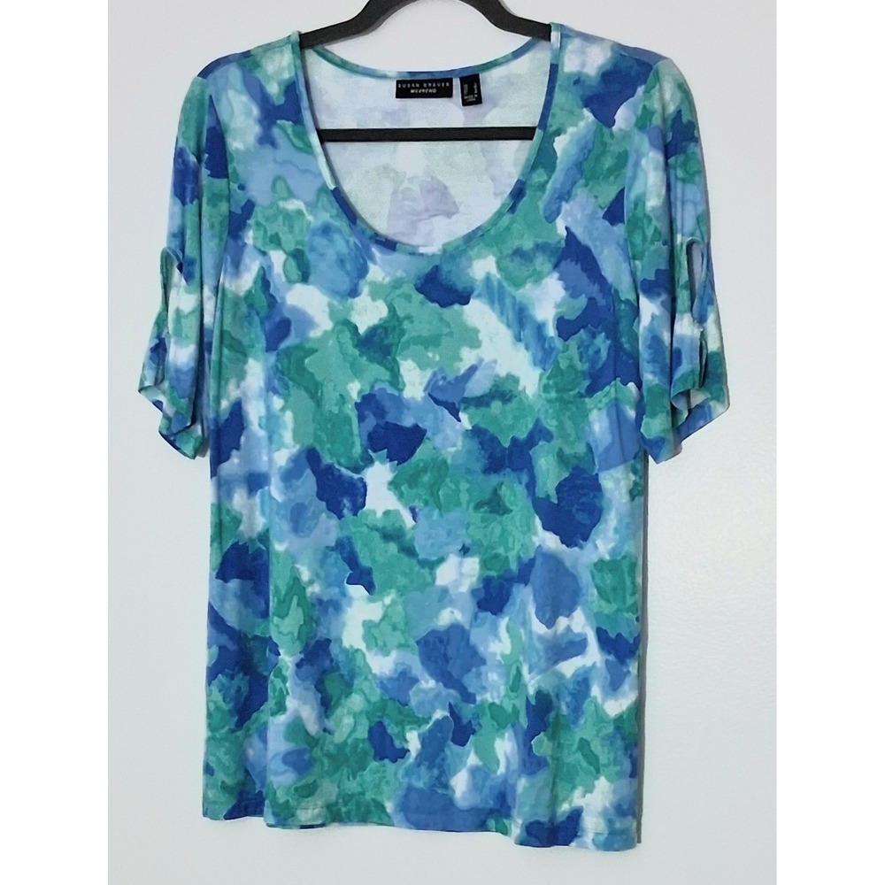 Susan Graver Weekend Top Women's Size Small Blue Printed Cool Touch Elbow Sleeve